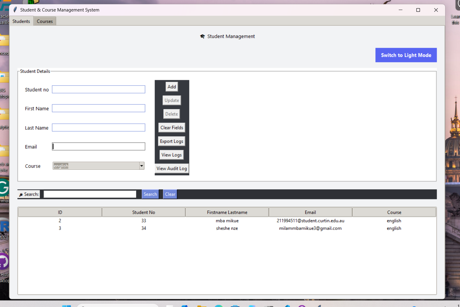Screenshot of Student and Course Management System